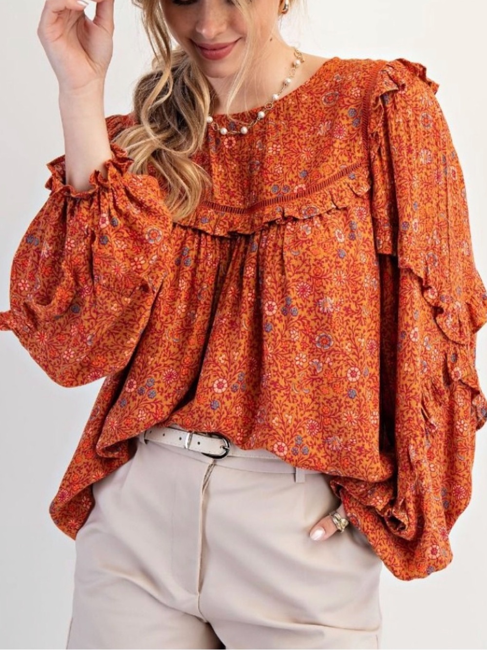 Rust Floral Ruffle Peasant Blouse - Women's Long Sleeve Top